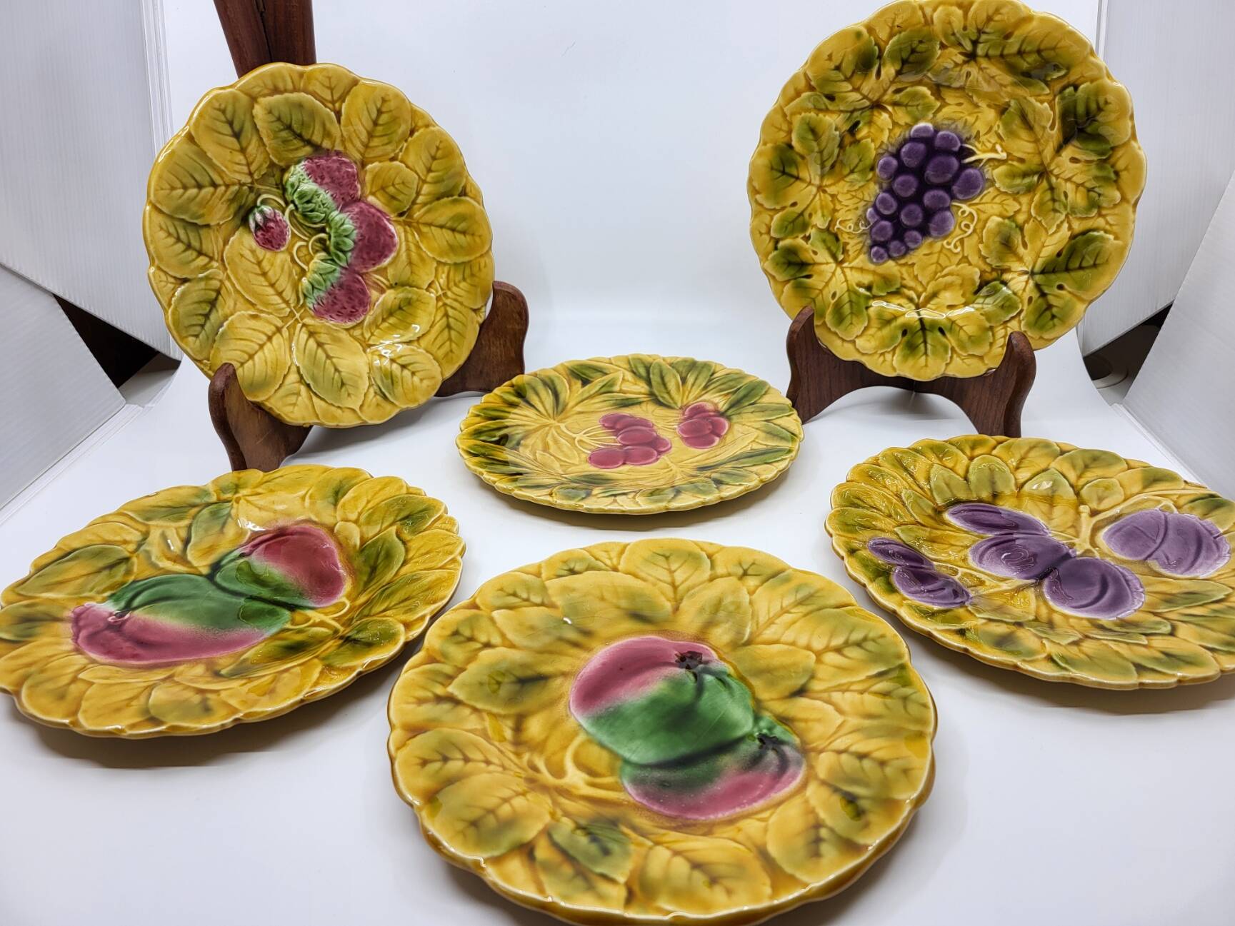 Sarreguemines dessert plates in barbotine with fruit decoration French Vintage
