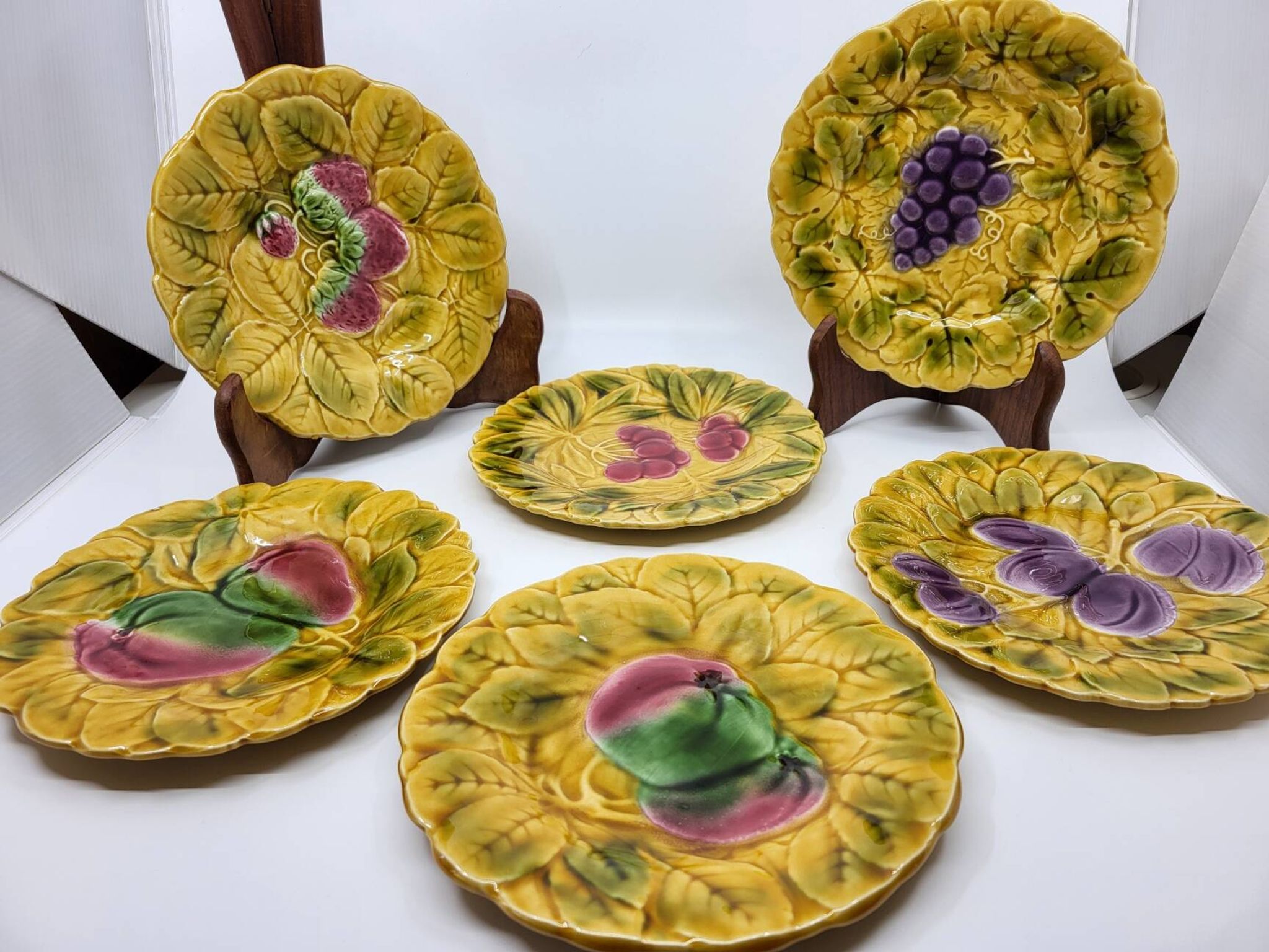 Sarreguemines dessert plates in barbotine with fruit decoration French Vintage