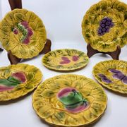 Sarreguemines dessert plates in barbotine with fruit decoration French Vintage