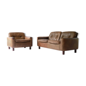 Sigurd Ressel, Set of 2-Seater Sofa and Armchair in Buffalo Leather, Model 125 for Vatne, 1970's