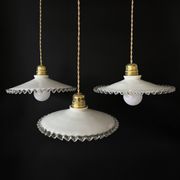 Set of 3 vintage white scalloped opaline pendants, France