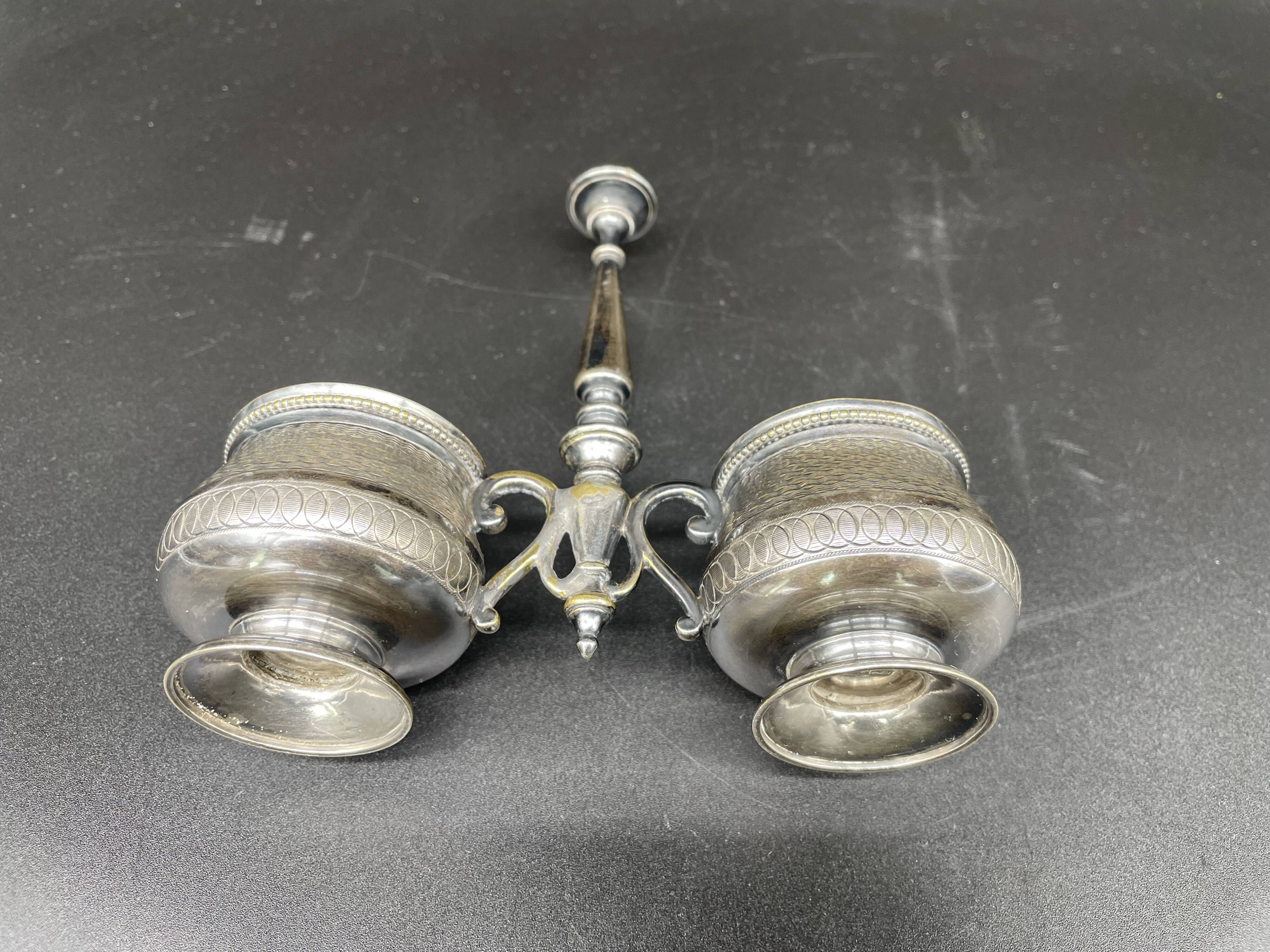 Double salt dish, silver metal, round base, socket, engraved decor, table decoration, chic, hallmark