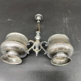 Saleron double, métal argenté, socle rond, prise, décor gravé, décoration de table, chic, poinçon