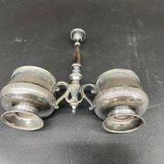 Double salt dish, silver metal, round base, socket, engraved decor, table decoration, chic, hallmark