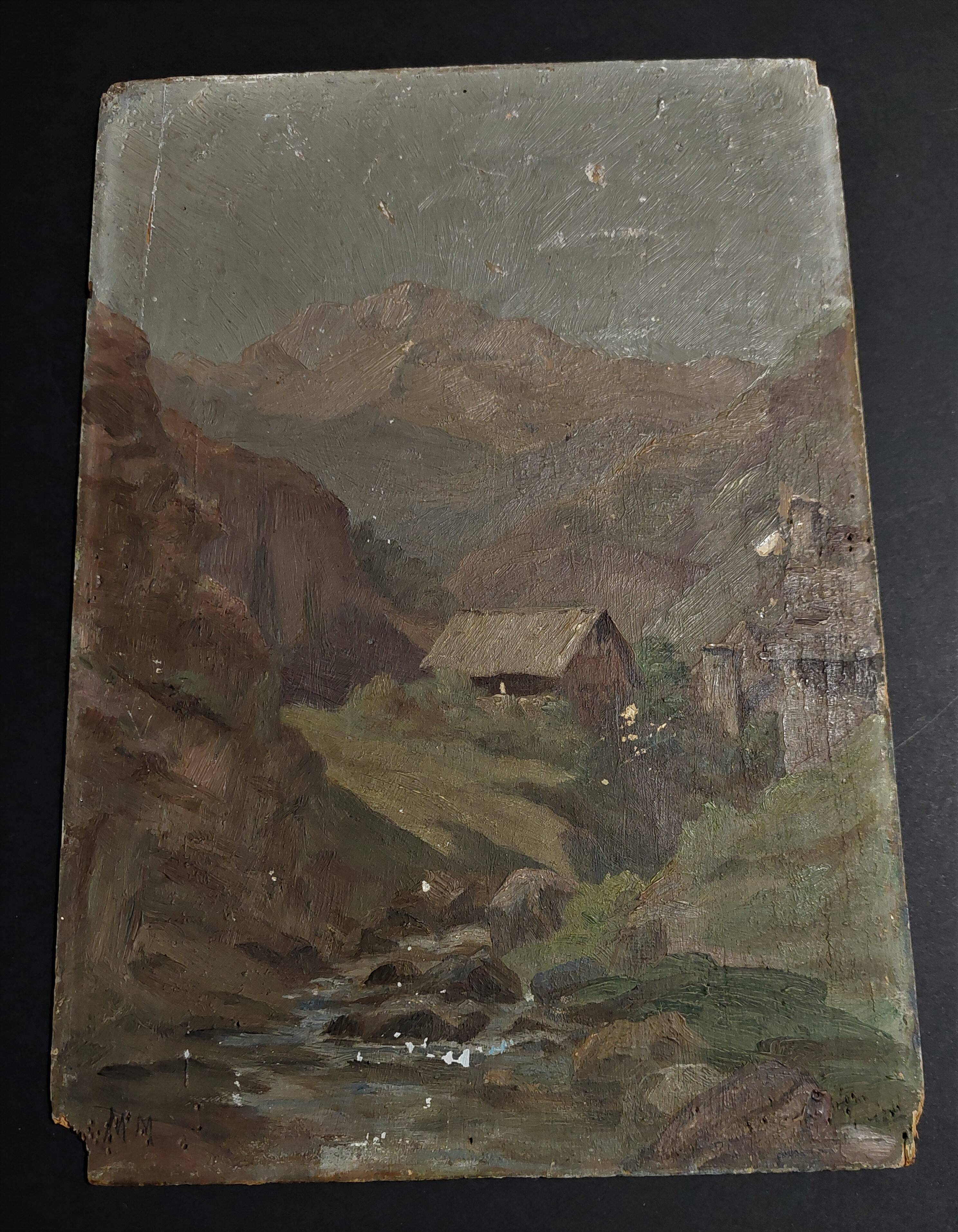 Painting oil on panel landscape mountains early twentieth
