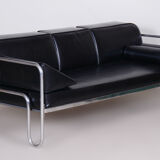 Restored black bauhaus sofa, high-quality leather, chrome-plated steel, 1930s