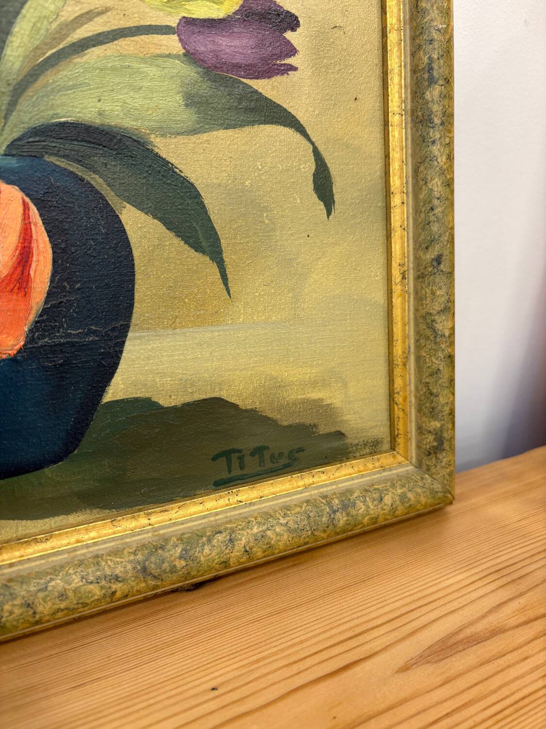 Oil painting of tulips signed Titus.