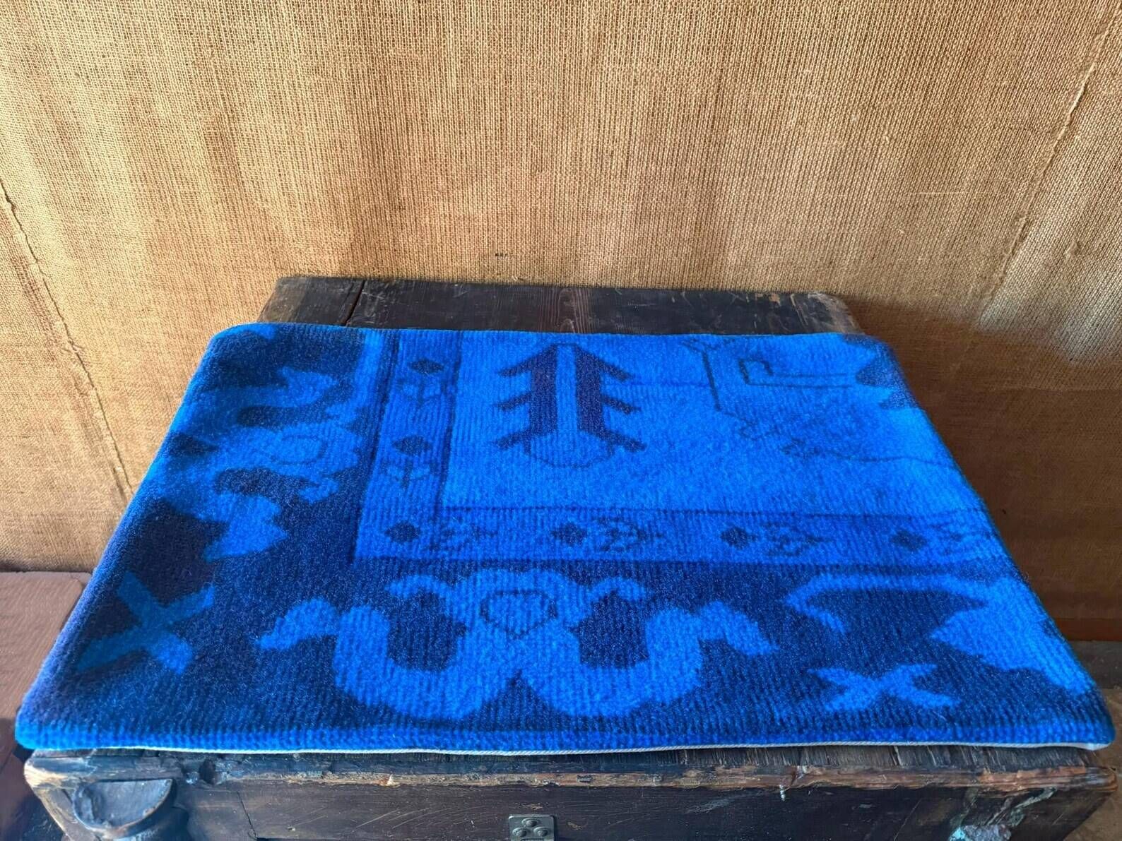 Electric Blue Vintage Turkish Rug Pillow, Hand-Stitched Wool Cushion