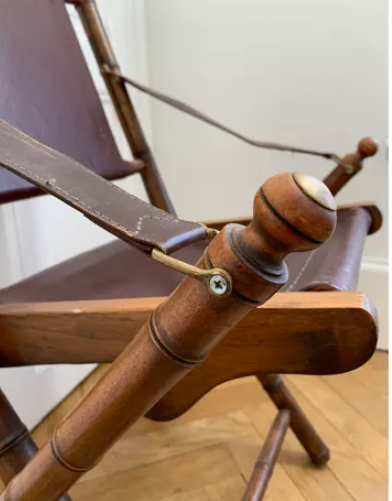 Set of three folding officer chairs wood and leather