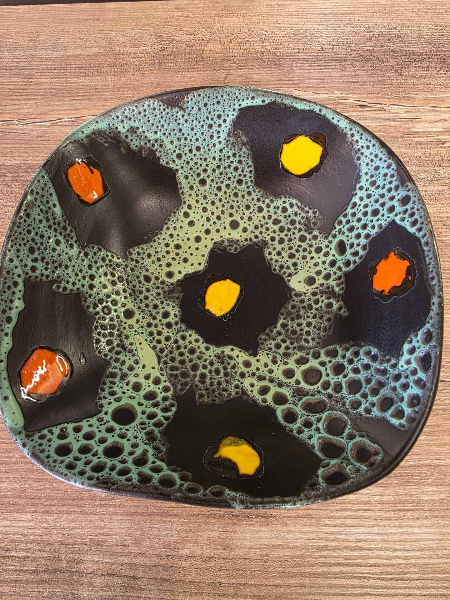 Square shallow dish Vallauris Fat Lava glaze sea foam vintage 1960s