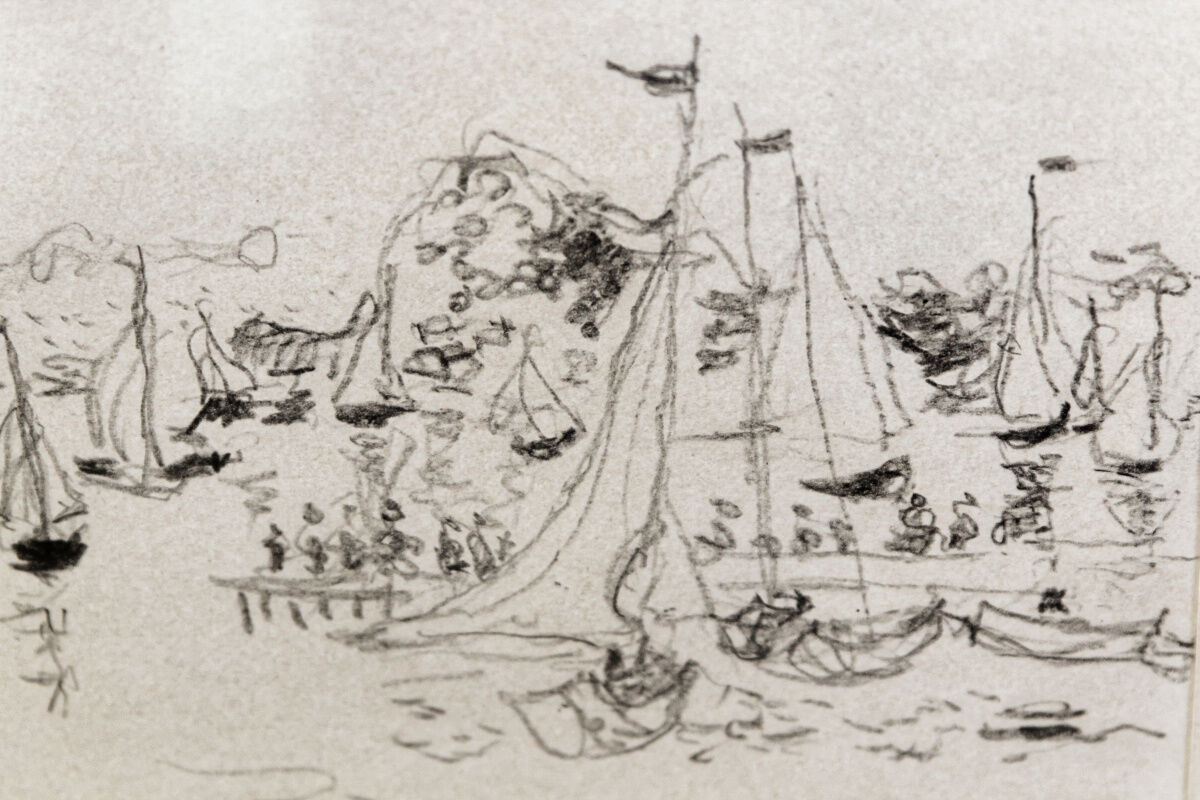 Dessin à la mine de plomb, port, signé Jean Fusaro