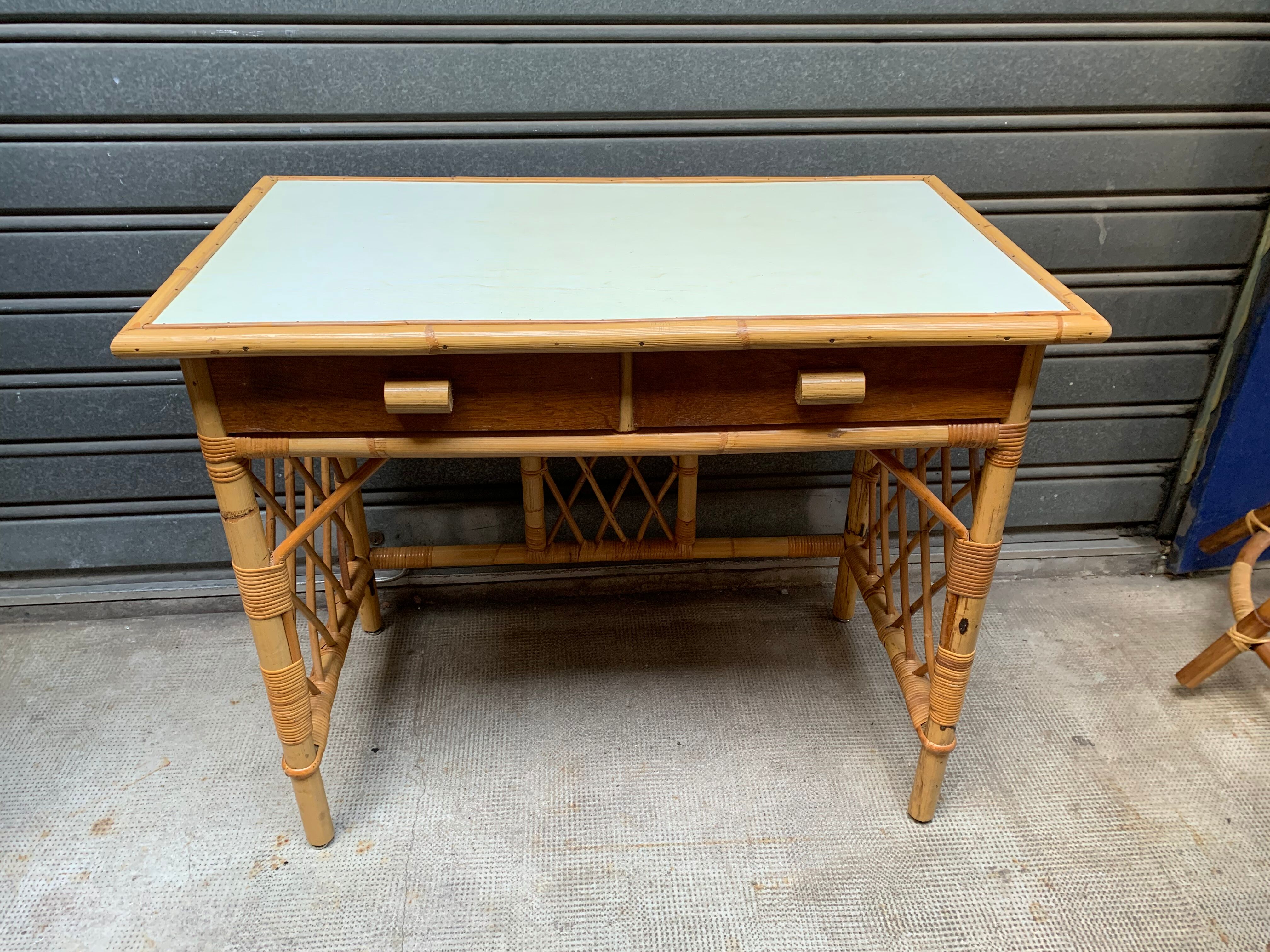 Flat desk in rattan and formica 1970s'