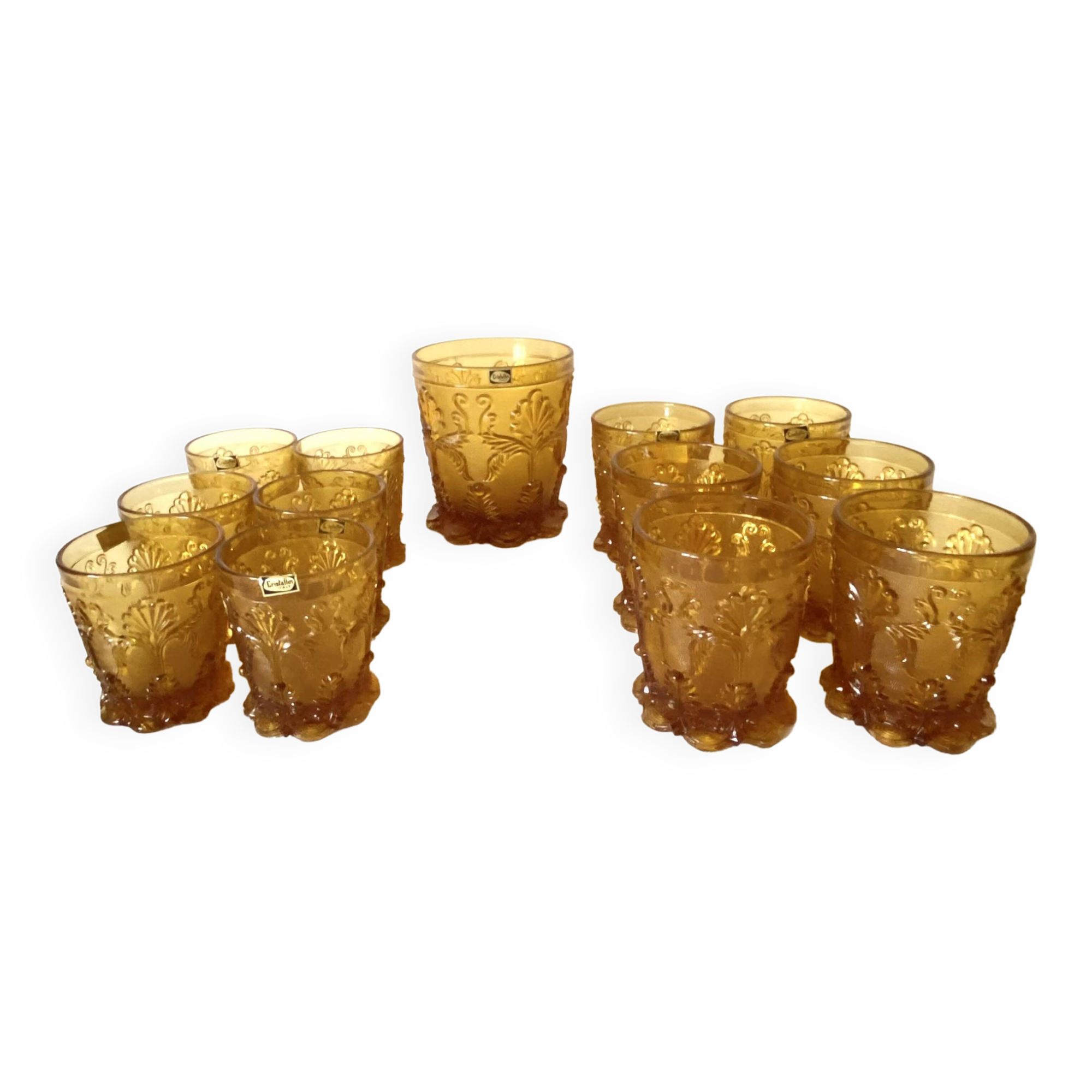 Glasses and ice bucket baroque style amber glass Italy 70s