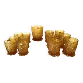 Glasses and ice bucket baroque style amber glass Italy 70s