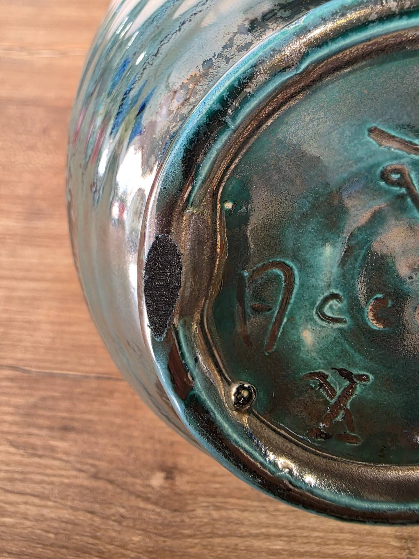 Vintage ceramic basket Accolay turquoise Signed Bull's Head X.C