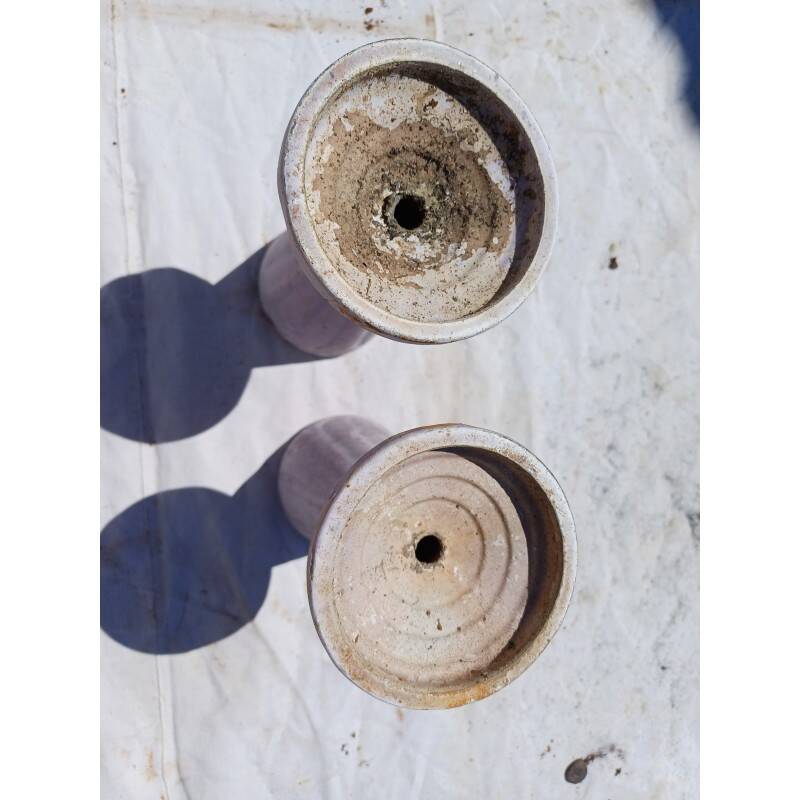 Pair of mauve enamelled cast iron art deco vases from Charleville-Mézières
