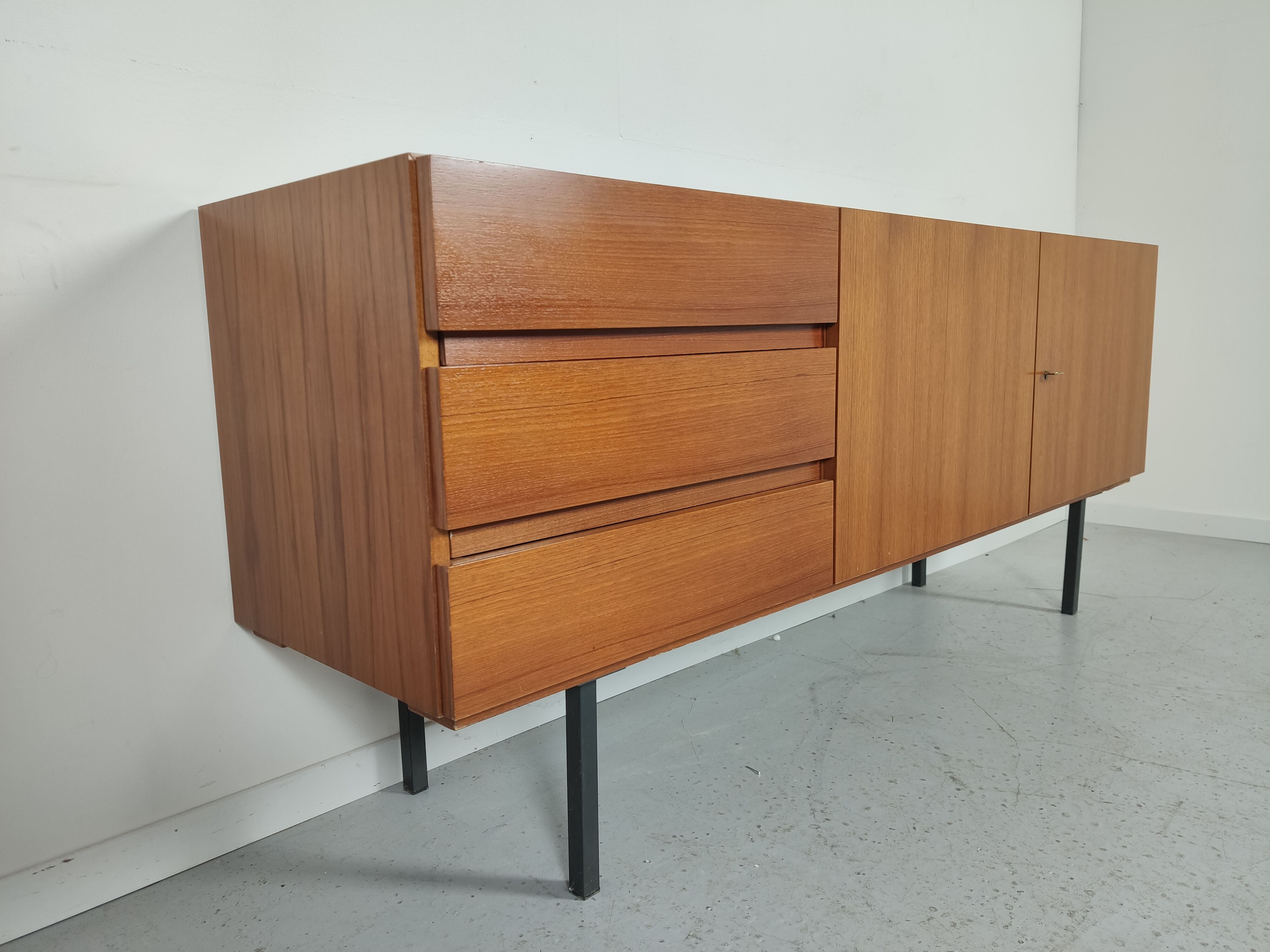 Scandinavian vintage teak and metal long sideboard, 60s
