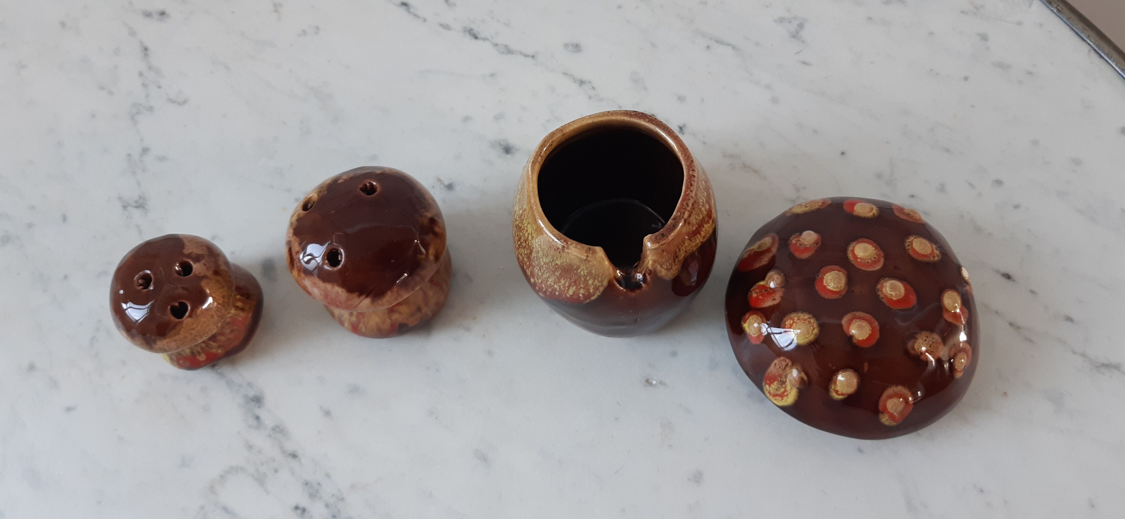 Ceramic salt/pepper trio in the 70s