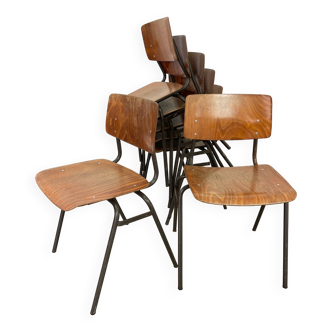 Lot of 7 school chairs Marko wood and taupe steel Netherlands 70s