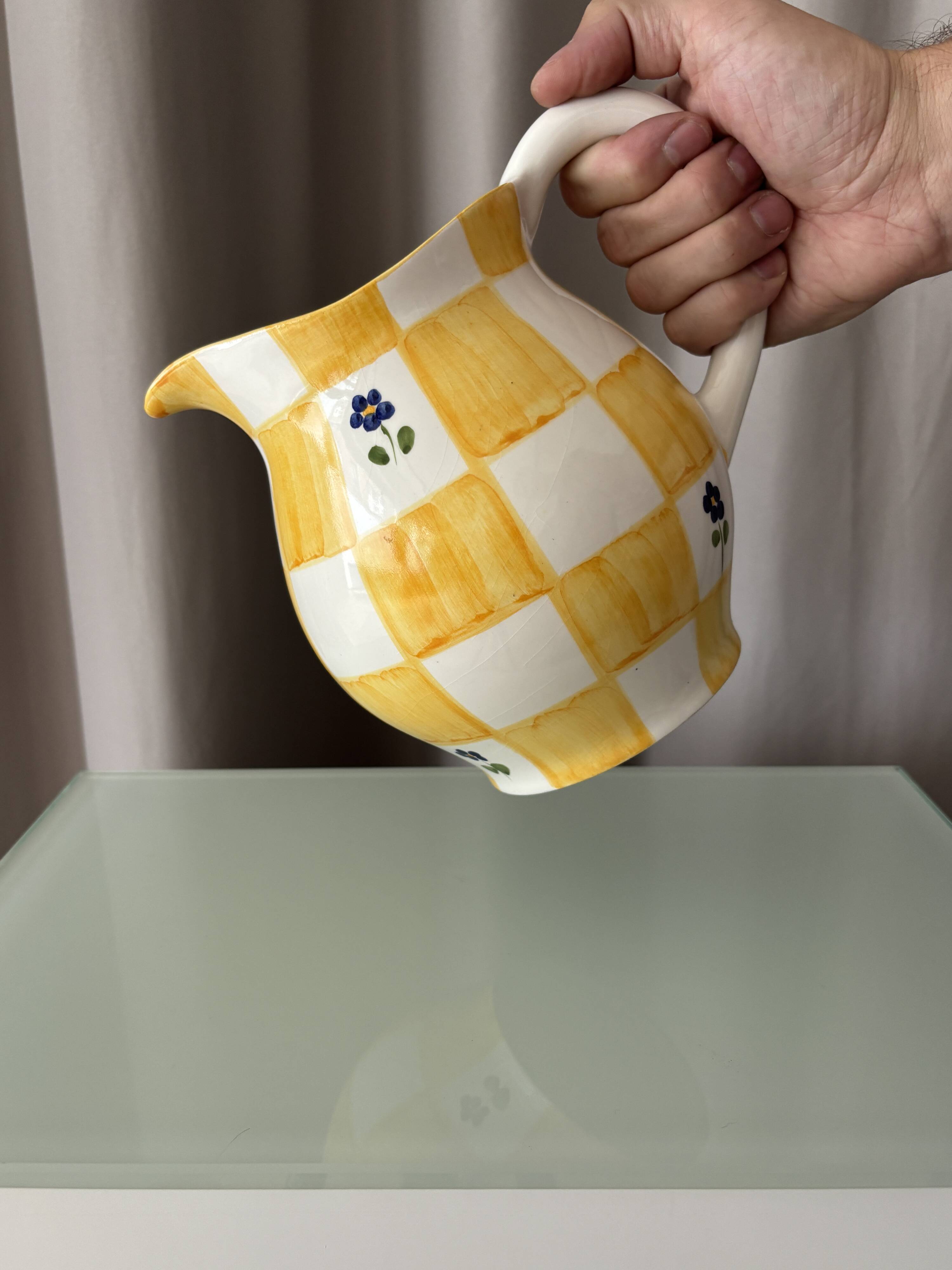 Cottagecore hand-painted ceramic jug – yellow check & blue flowers