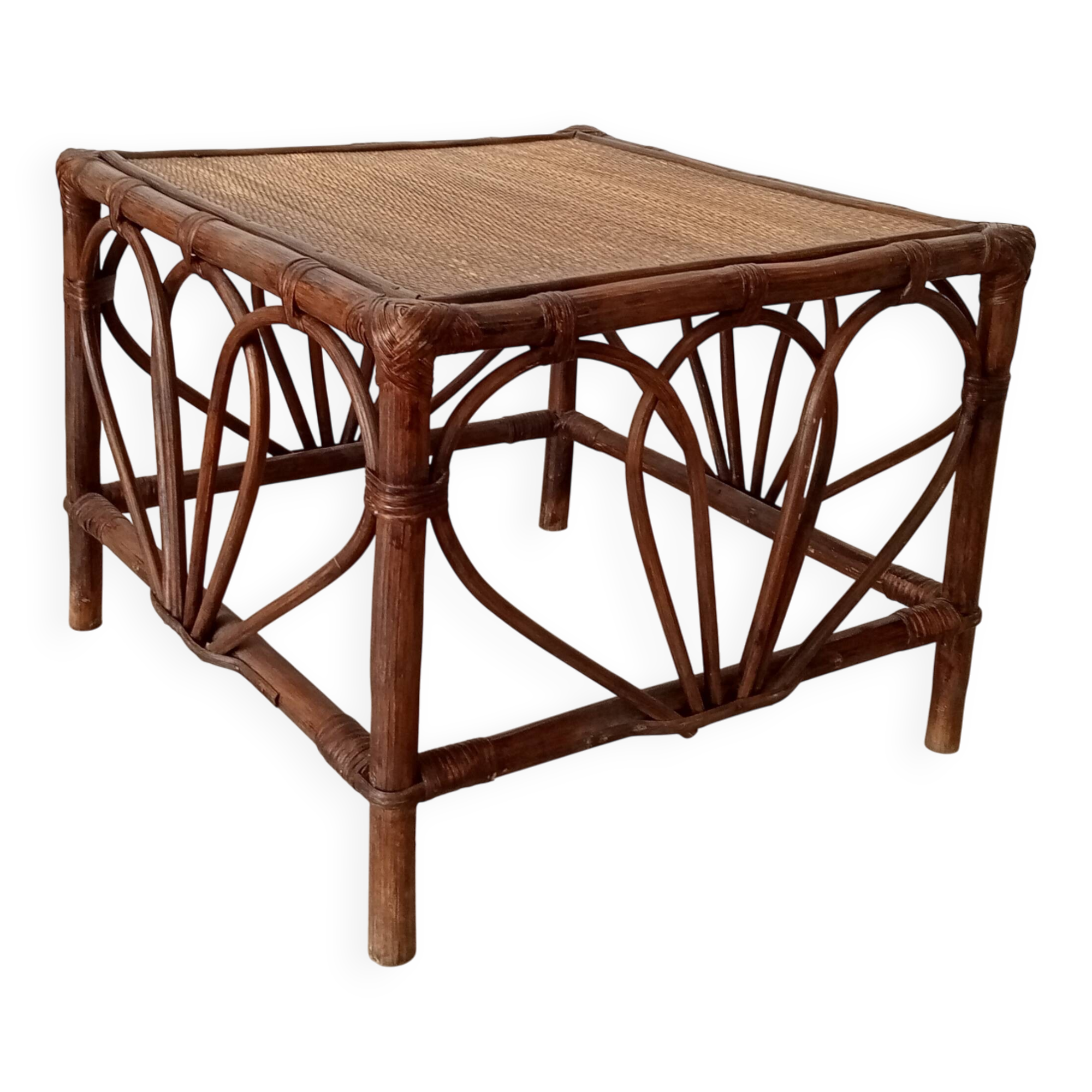 Vintage rattan and bamboo coffee table, 51*51 cm