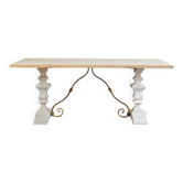 Industrial table with sandblasted top and bleached legs.