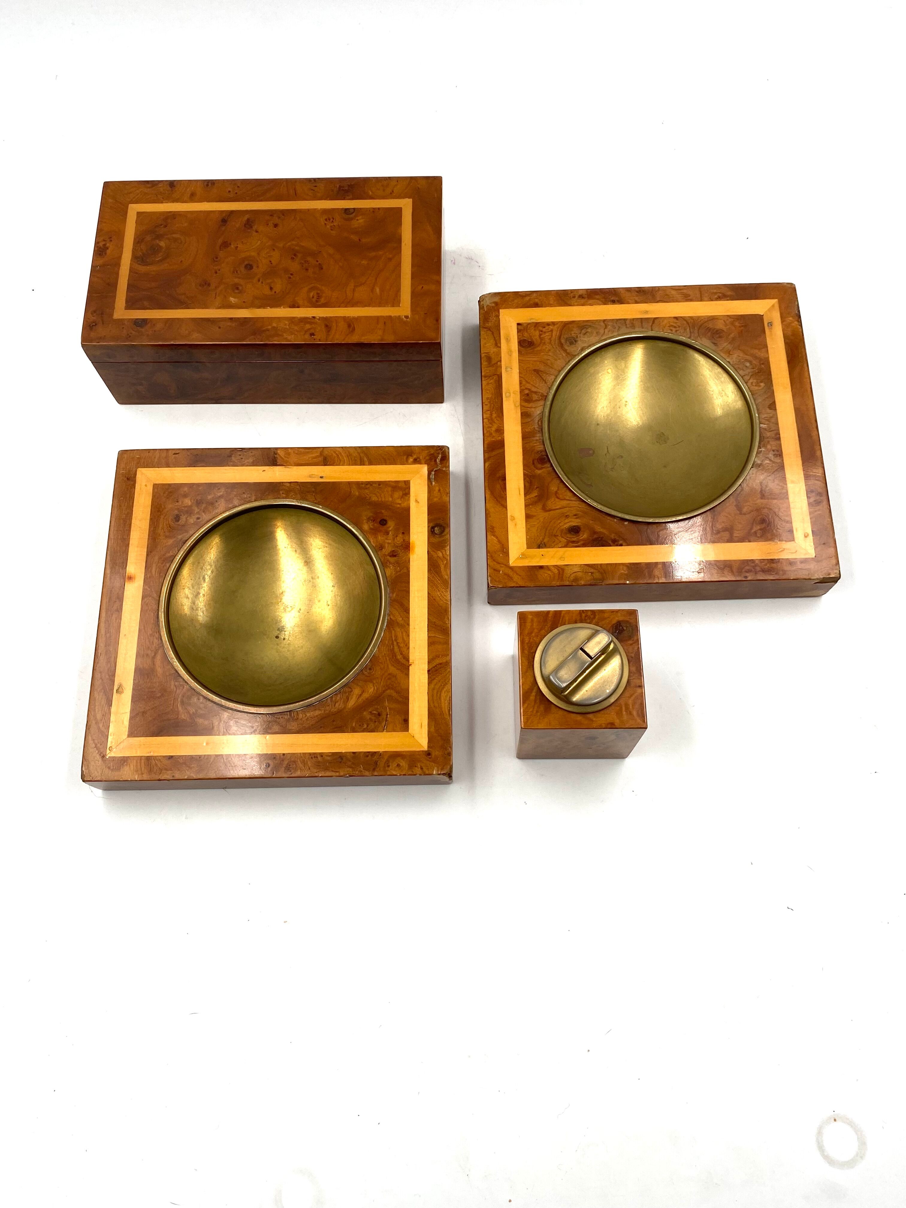 Smoking Set, brass and wood ashtrays, lighter and cigars box, Italy 1970