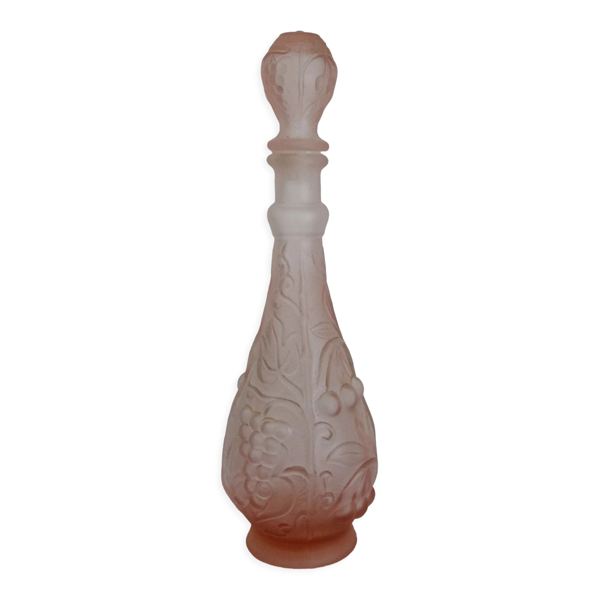 Carafe ancienne verre rose décor de fruits