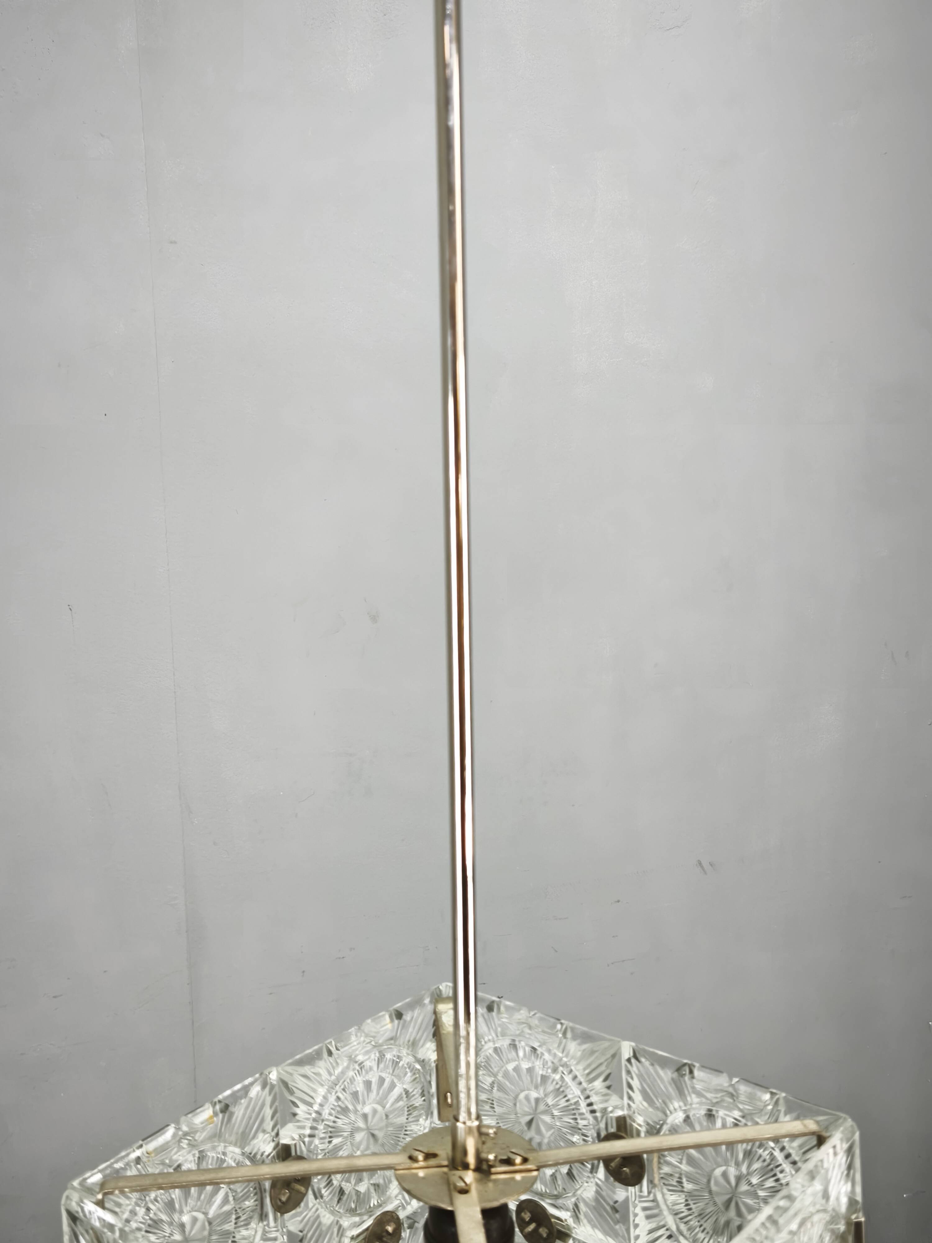 1970s Czech Geometric Pressed Glass and Chrome Cube Pendant Light