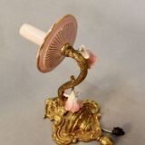 Small Italian Bronze Chandelier with Porcelain Flowers and its 2 Wall Sconces