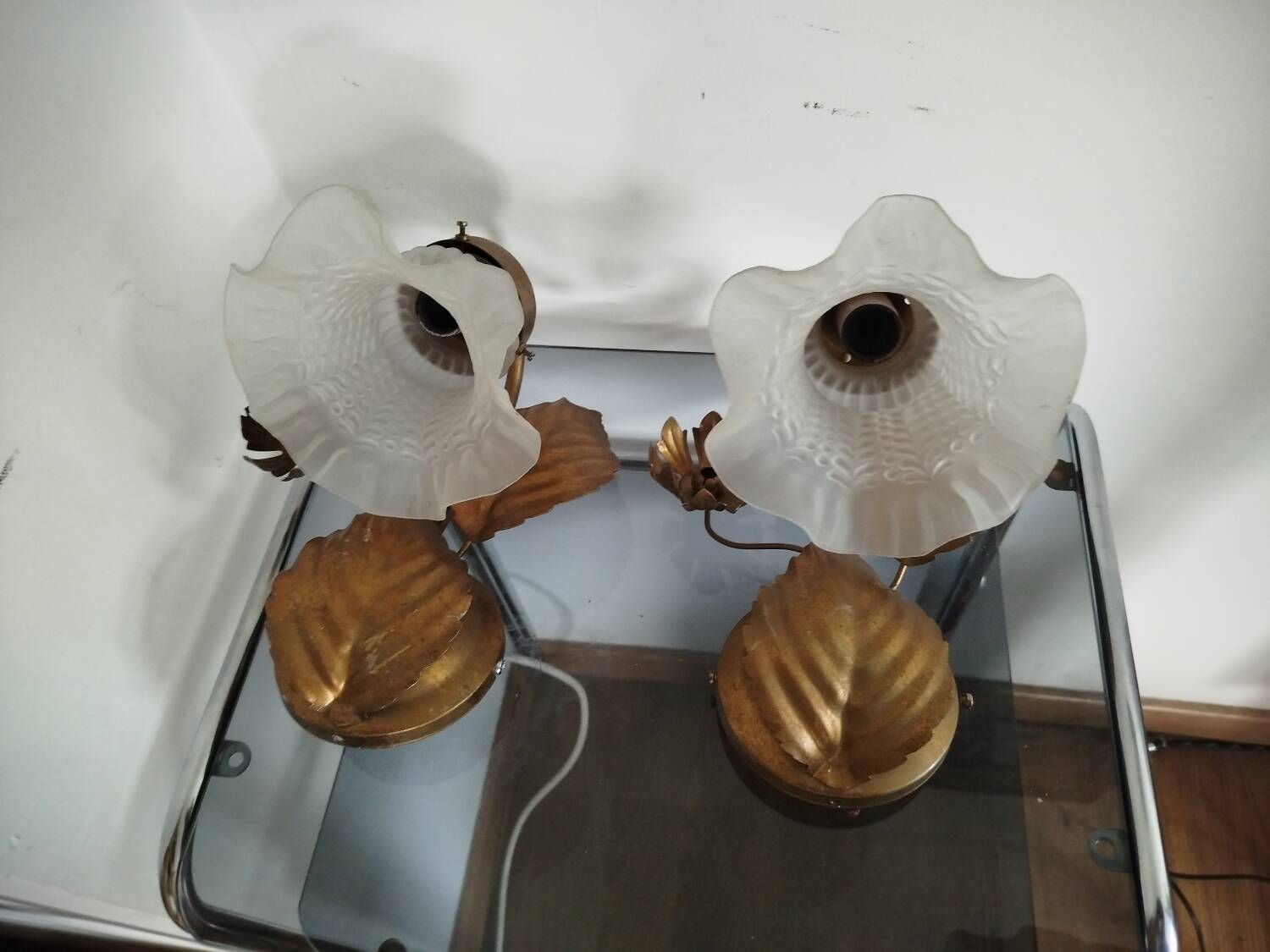 Pair of vintage flower & leaf style wall sconces - molded glass