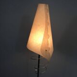 Pair of designer parquet floor lamps composed of lacquered metal and chrome bases and designer white plastic lampshades