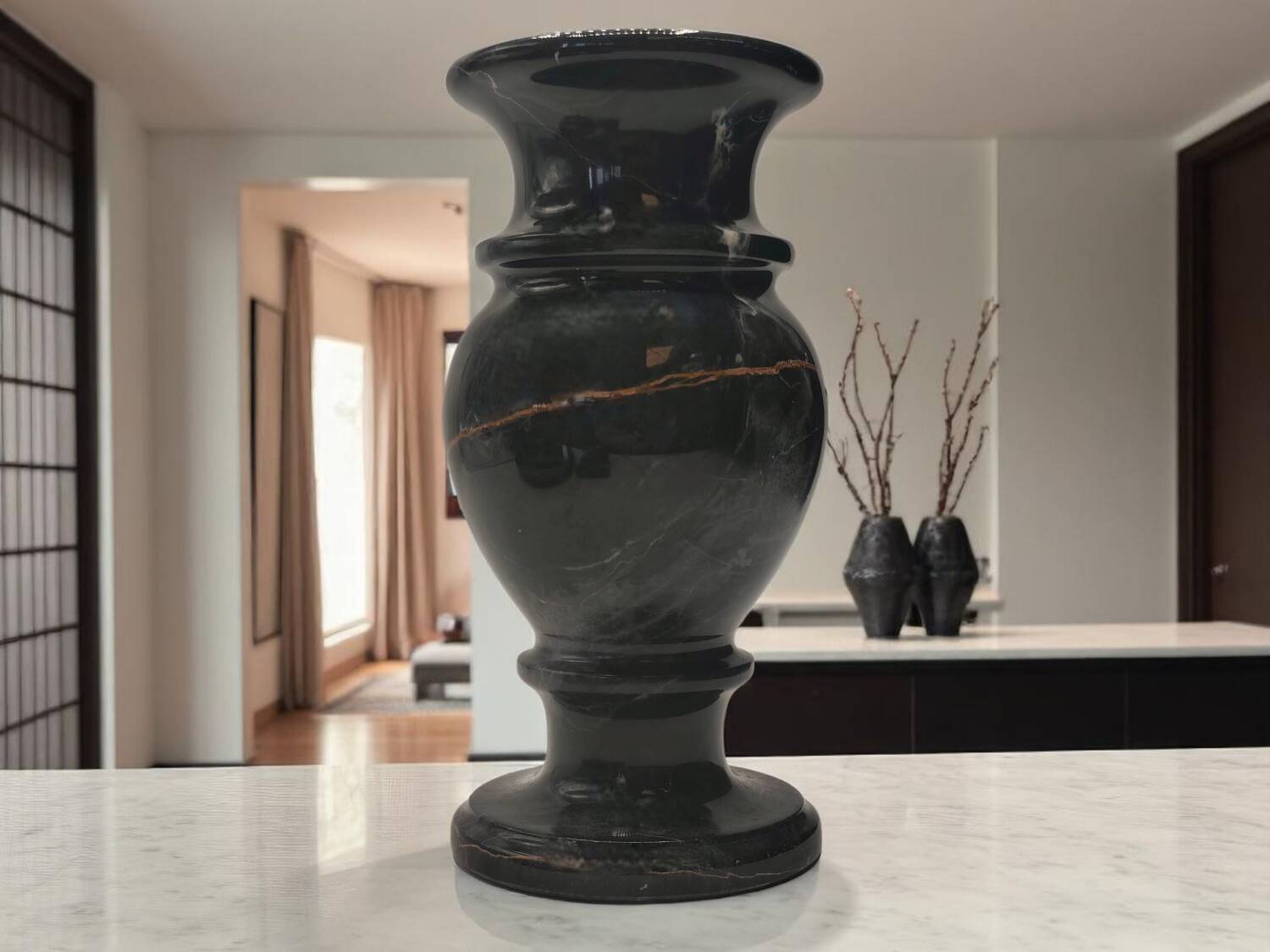 Vintage 1970s Italian Black Marble Vase – Natural Ochre Veining Accent