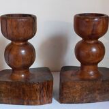 Pair of old brutalist turned solid wood candlesticks