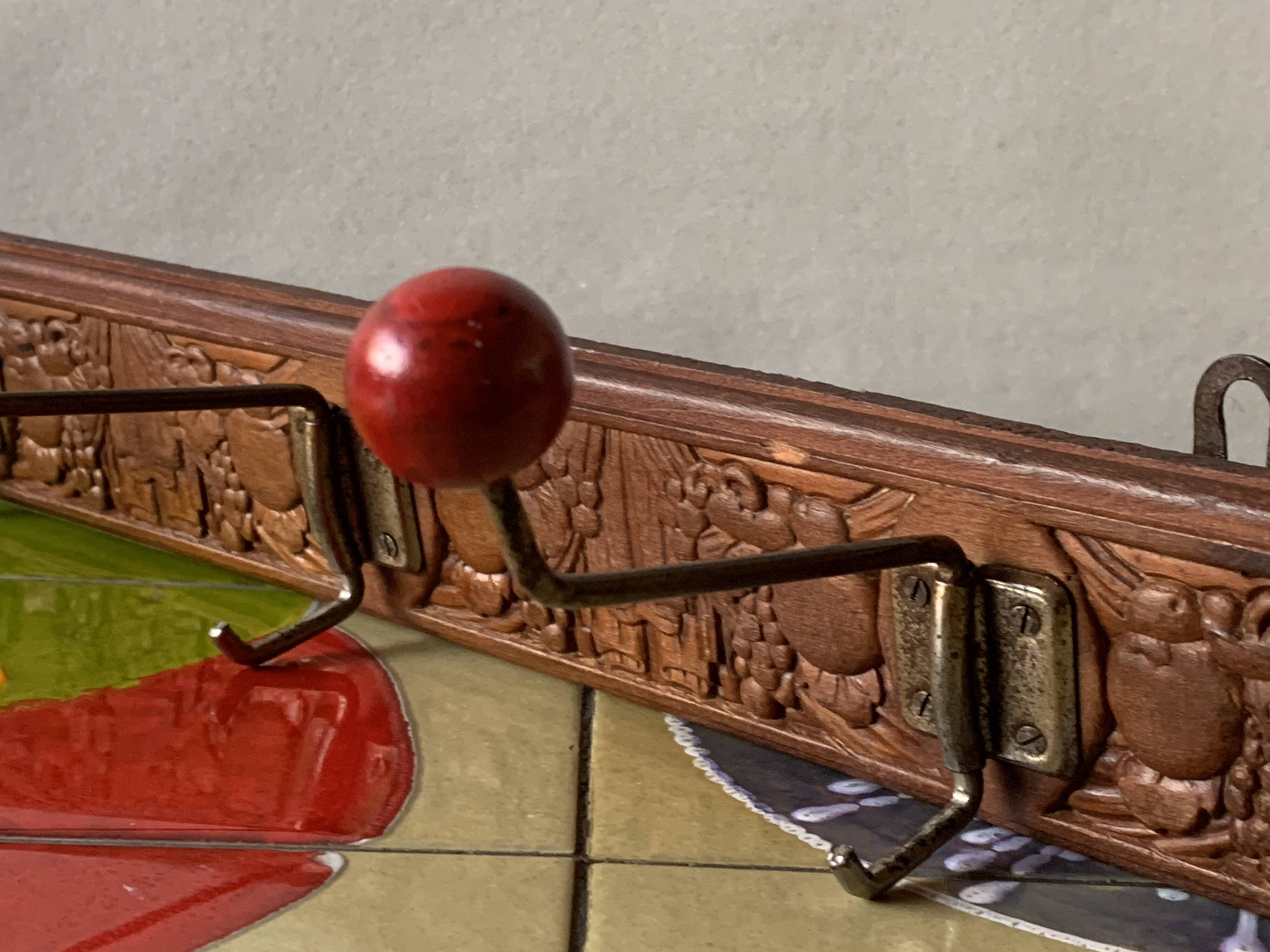 Vintage carved wooden wall coat rack - 4 red balls