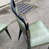 6 Italian design dining chairs in Scandinavian style with wood and olive green leather.