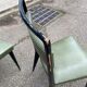 6 Italian design dining chairs in Scandinavian style with wood and olive green leather.