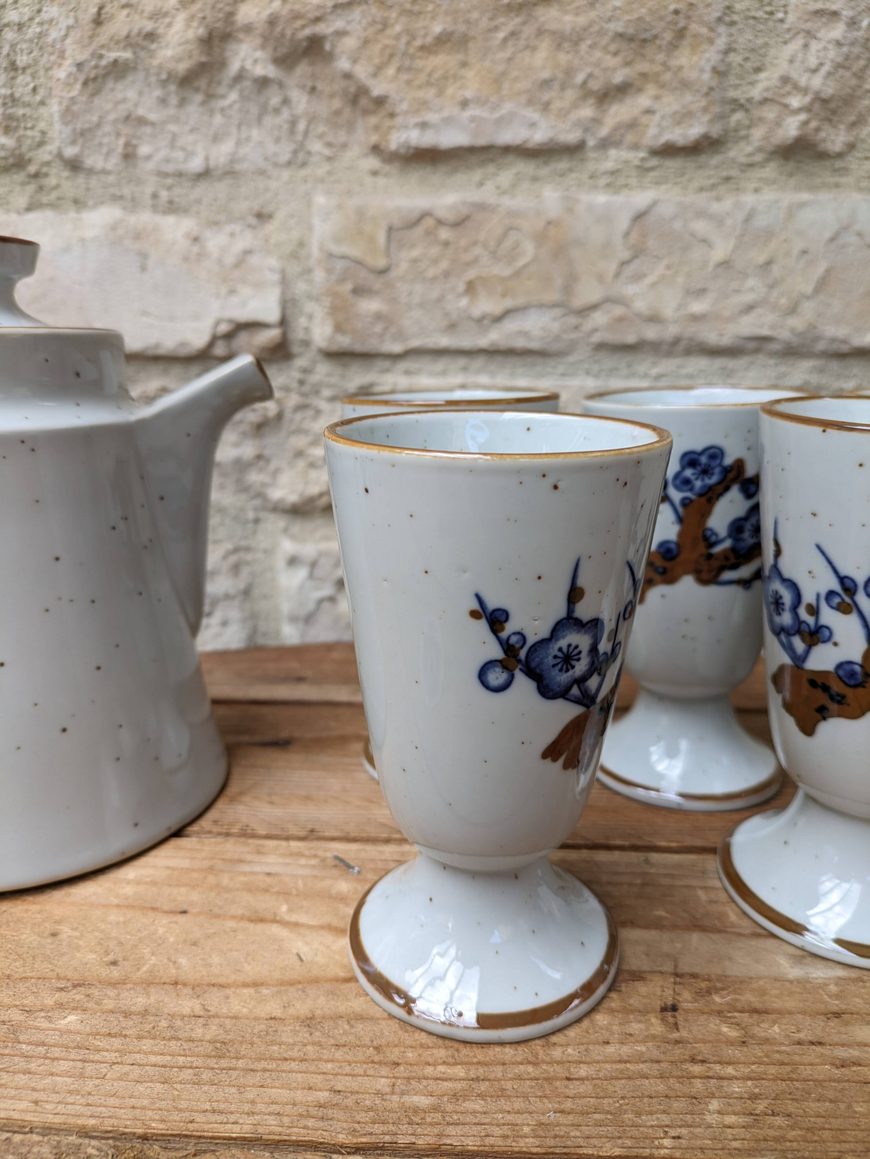 Old coffee service with 6 mazagrans and coffee pot with blue floral decoration