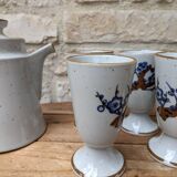 Old coffee service with 6 mazagrans and coffee pot with blue floral decoration