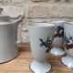 Old coffee service with 6 mazagrans and coffee pot with blue floral decoration