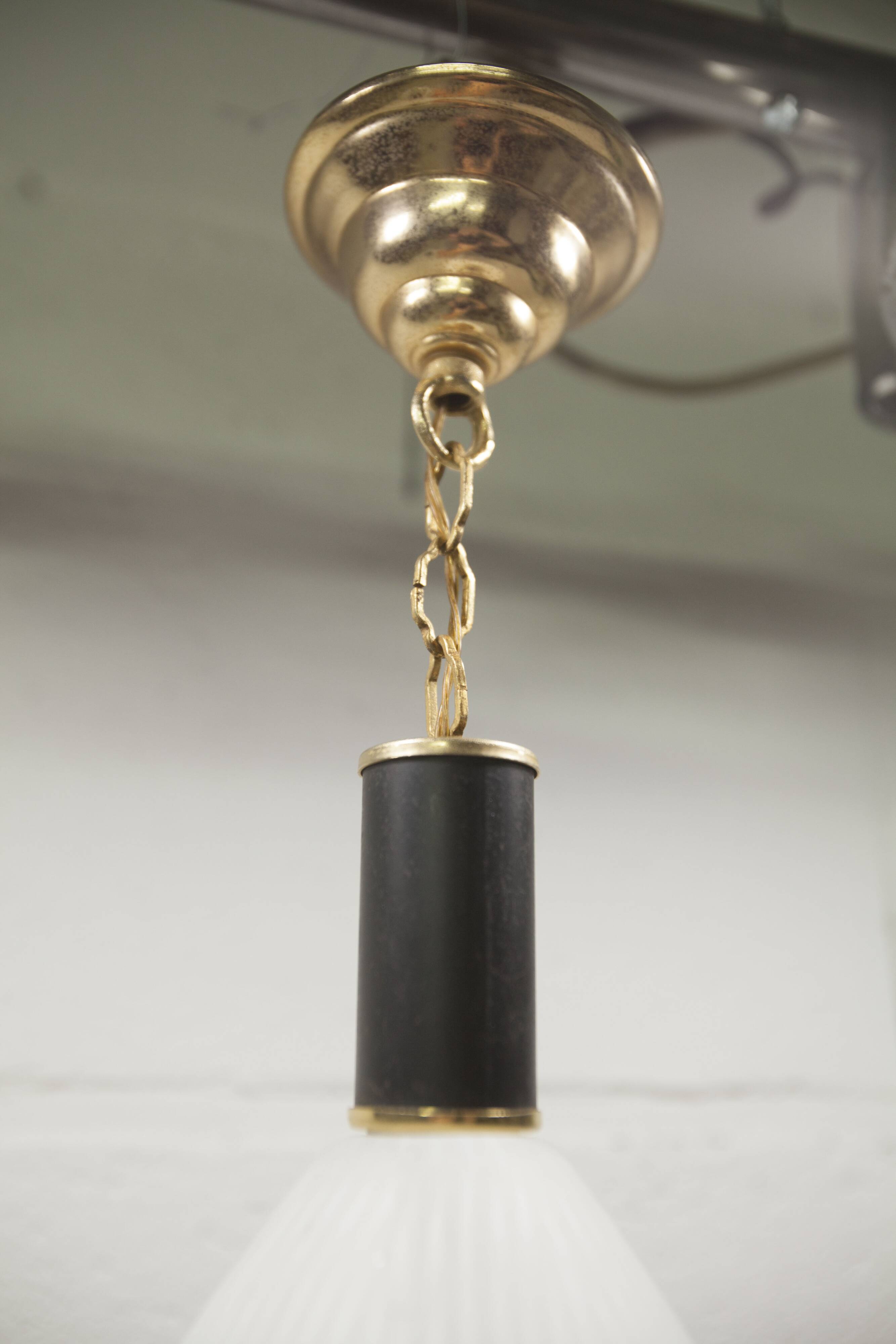 Mid-century suspension, brass, striped glass.