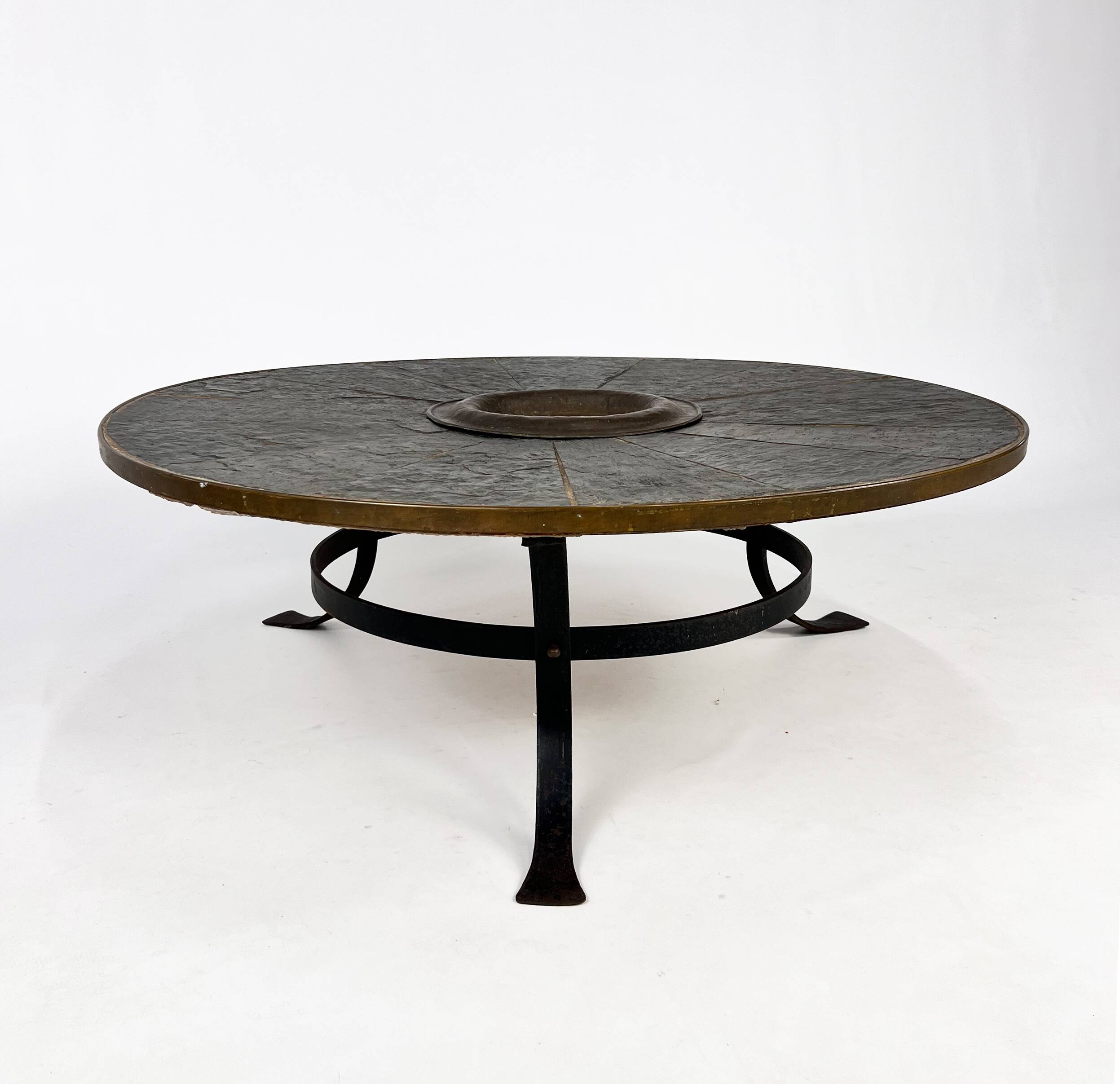 Large brutalist steel and slate coffee table, 1960s