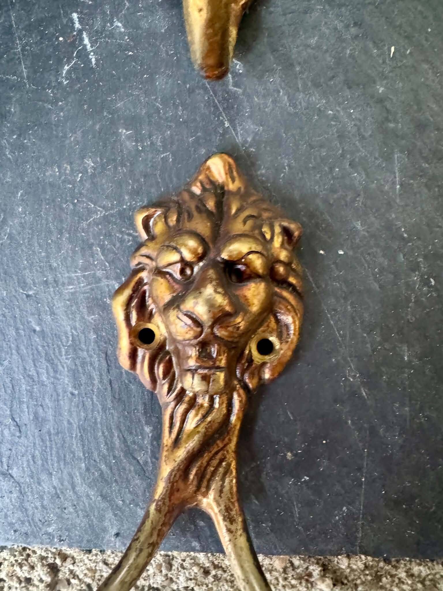 4 lion coat hooks in solid brass Art Nouveau