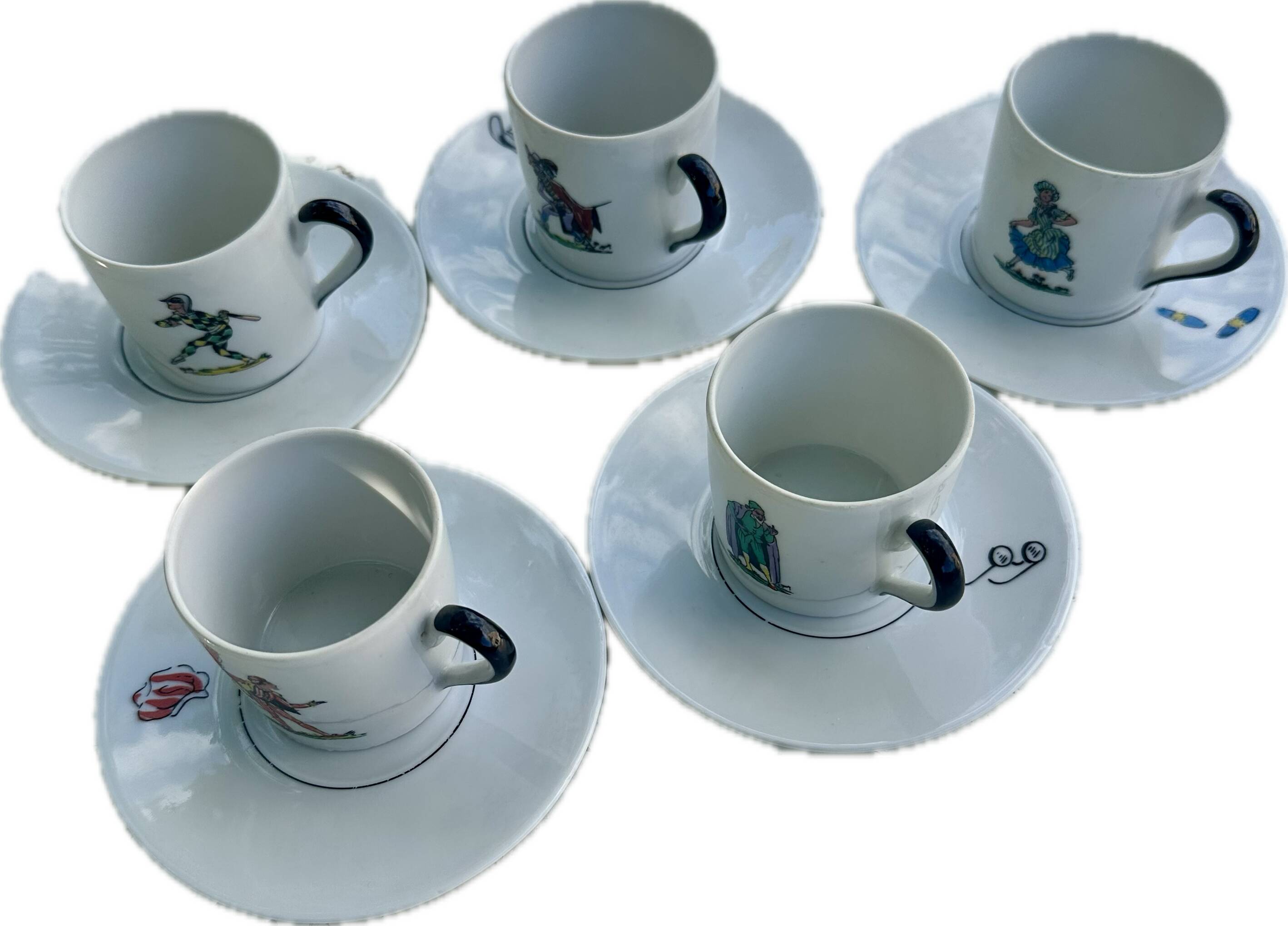 Lot de 4 tasses et soucoupes anciennes, décor Arlequin