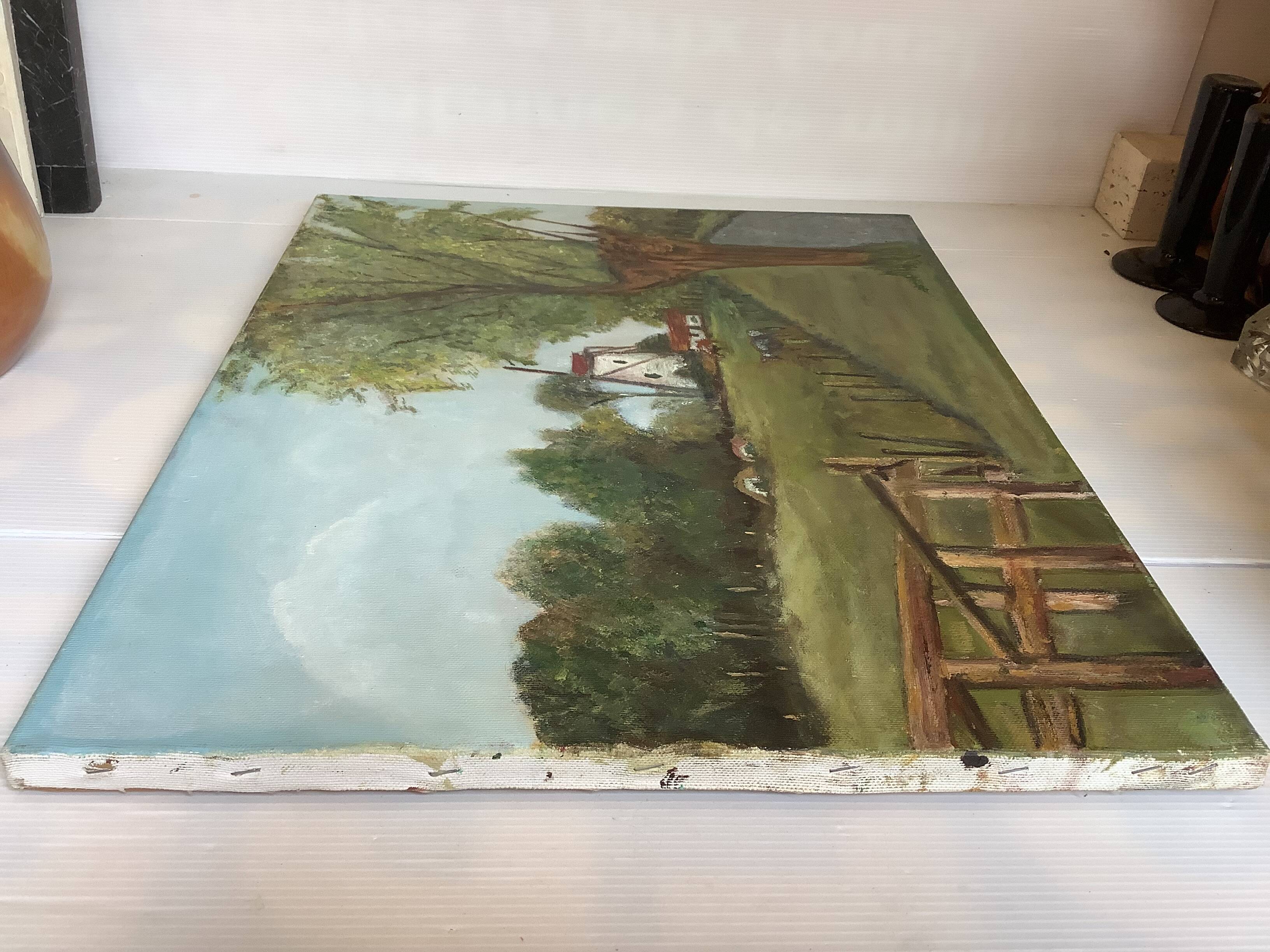 Landscape painting of a countryside windmill oil on canvas