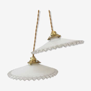 Pair of vintage suspensions in white opaline and serrated edges