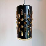 Amber blown glass and midnight blue metal hanging lamp 1960