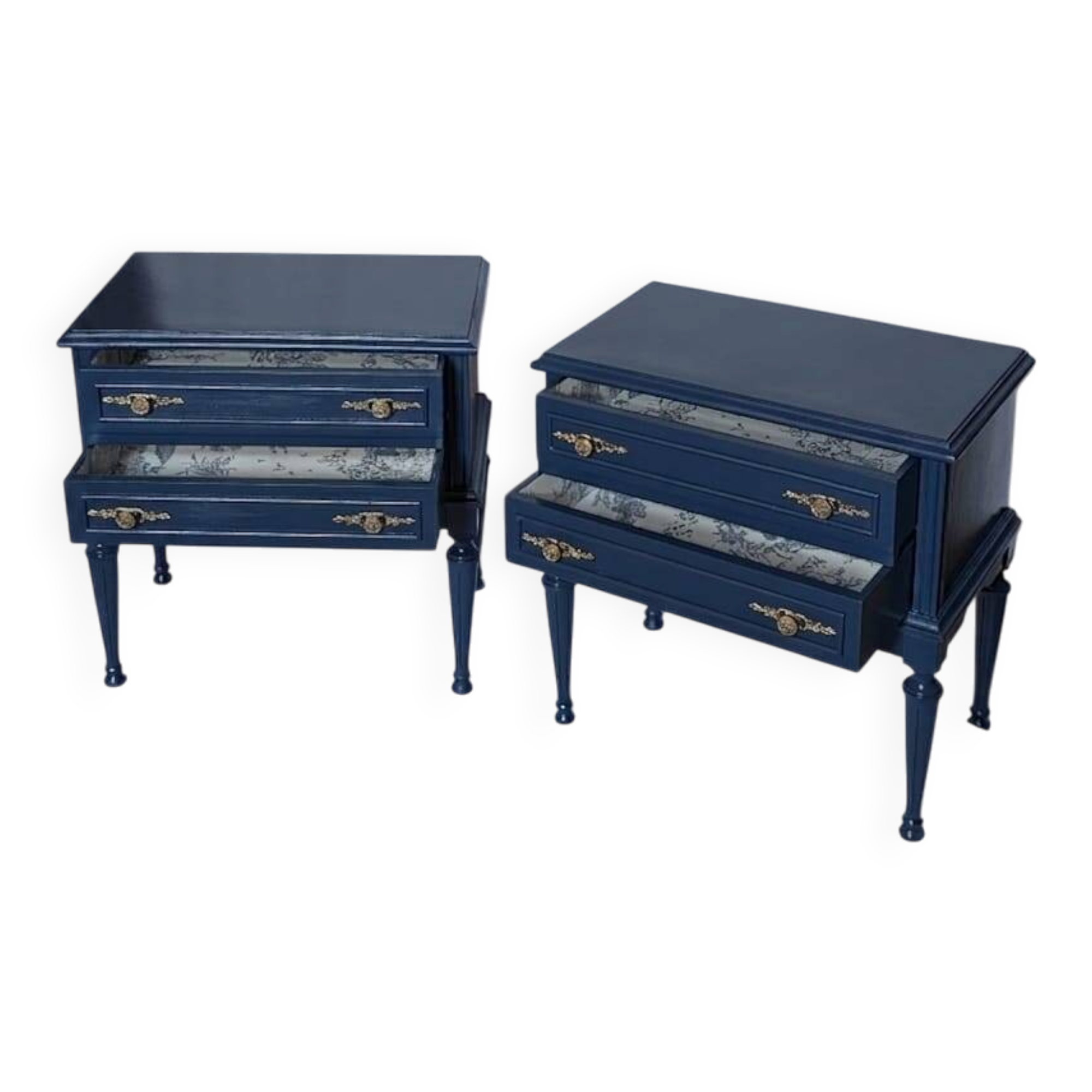 Pair of restored vintage bedside tables in Louis XVI style.