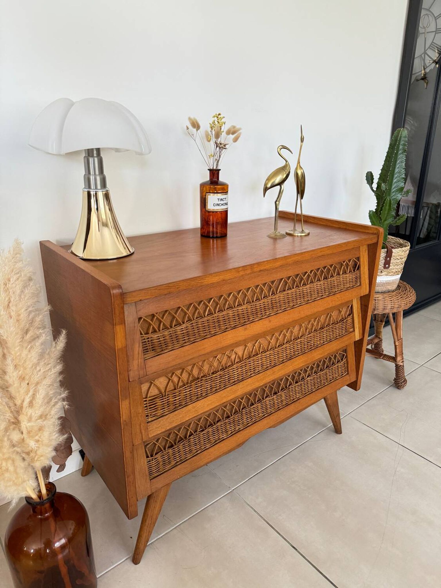 Commode bois et rotin vintage