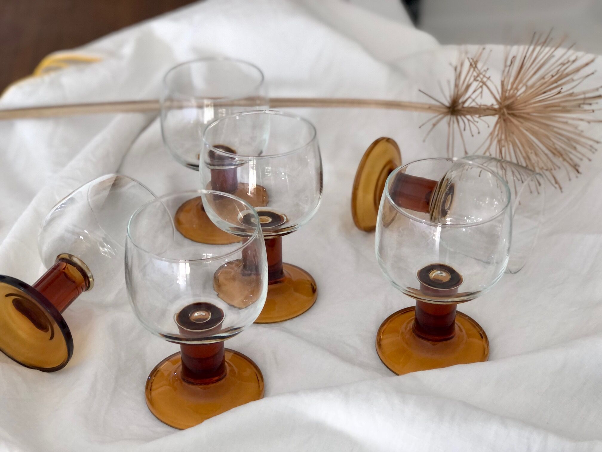 6 Amber stemmed glasses an'70